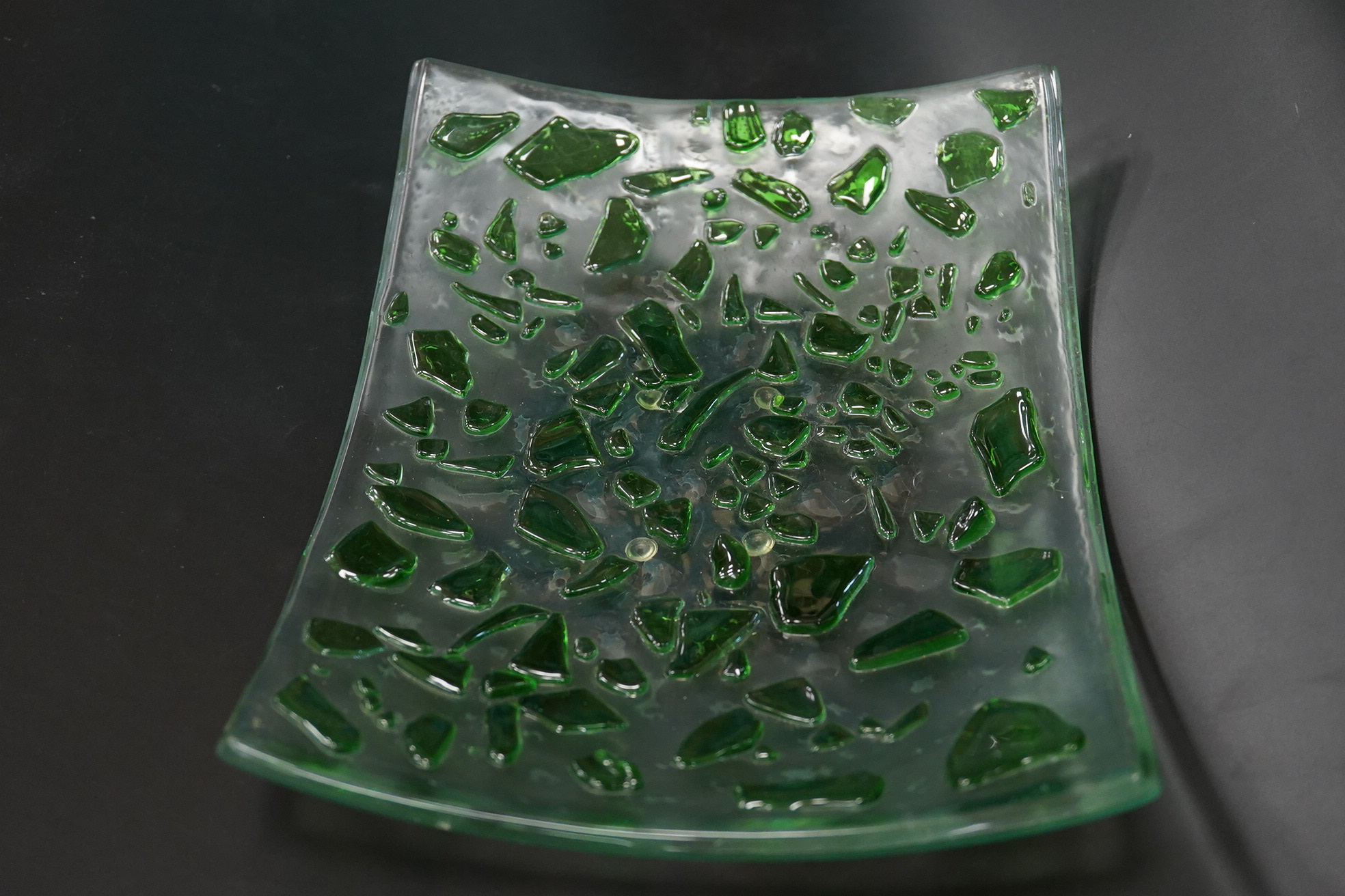 A Mary Canny art glass ‘Green Jewelled platter’, 25cm x 19cm